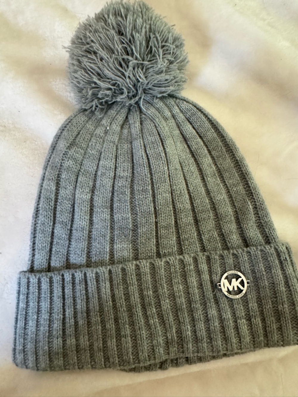 Michael Kors Gray Knit Pom-Pom Cuffed Beanie